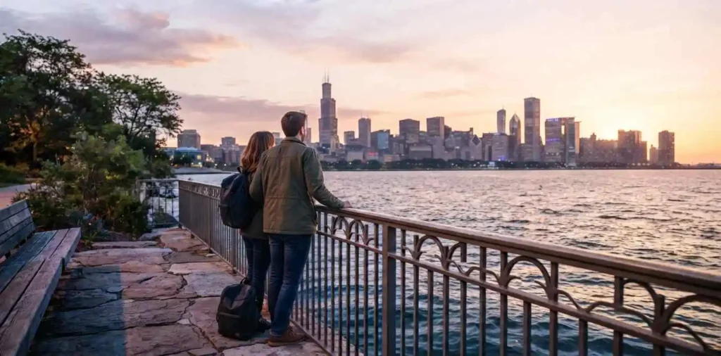 Traveler admiring Chicago skyline at dusk