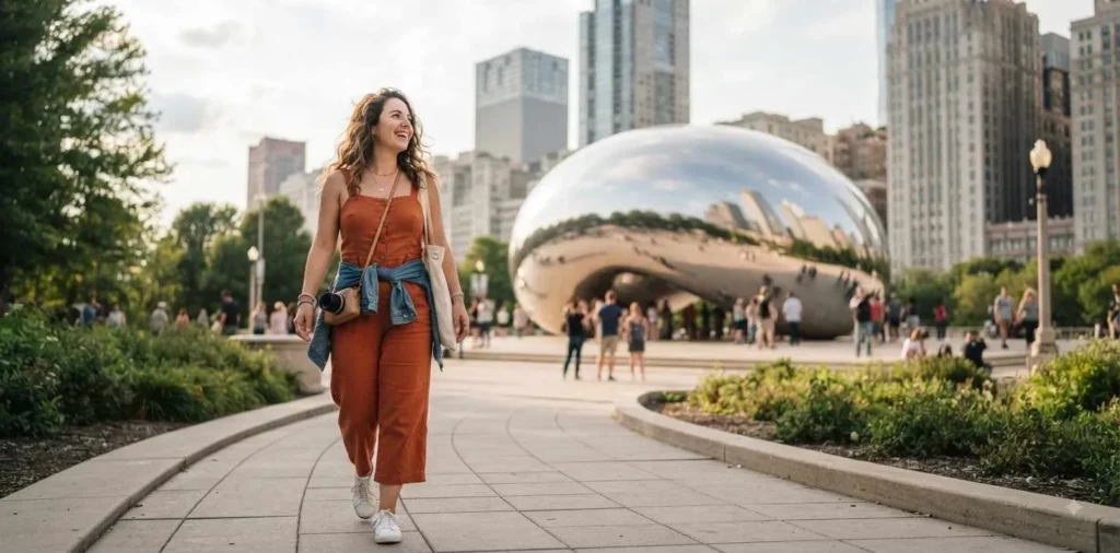 Traveler enjoying Millennium Park in Chicago