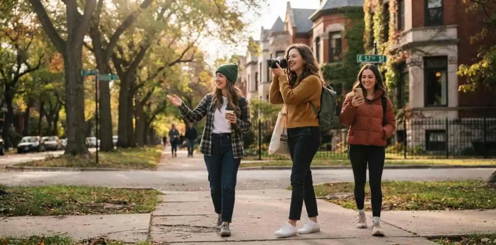 Traveler exploring Chicago neighborhood streets