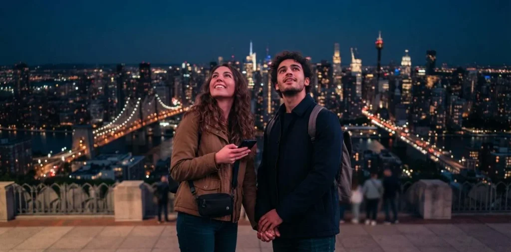 Traveler admiring bright Times Square lights