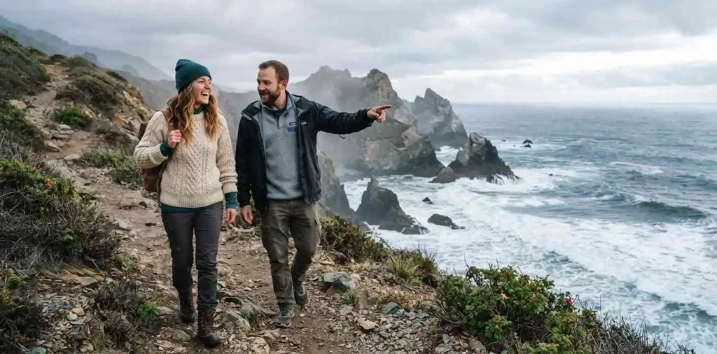 Friends exploring a scenic Pacific coastline