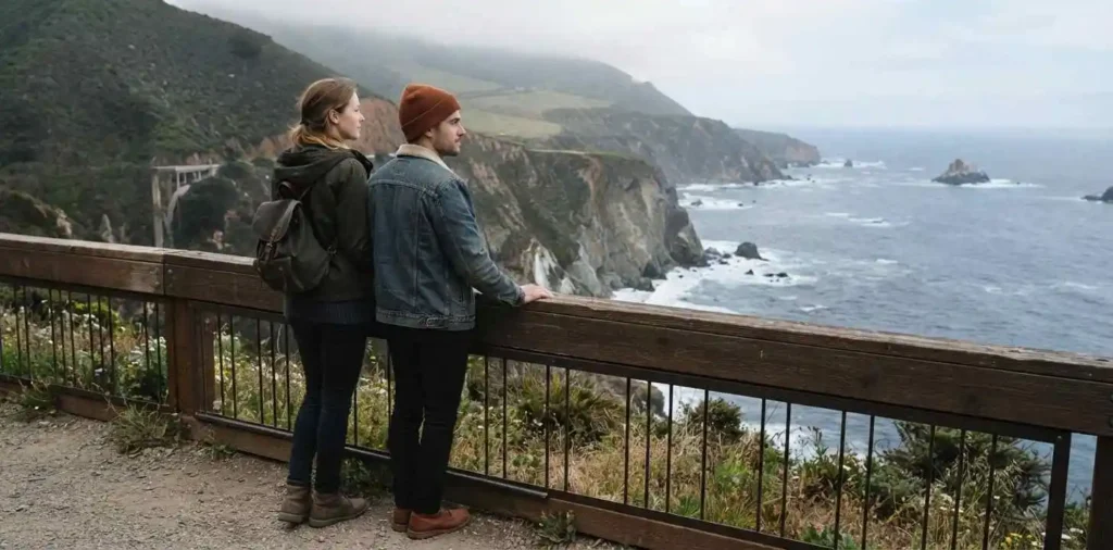 Traveler admiring Big Sur coastal cliffs