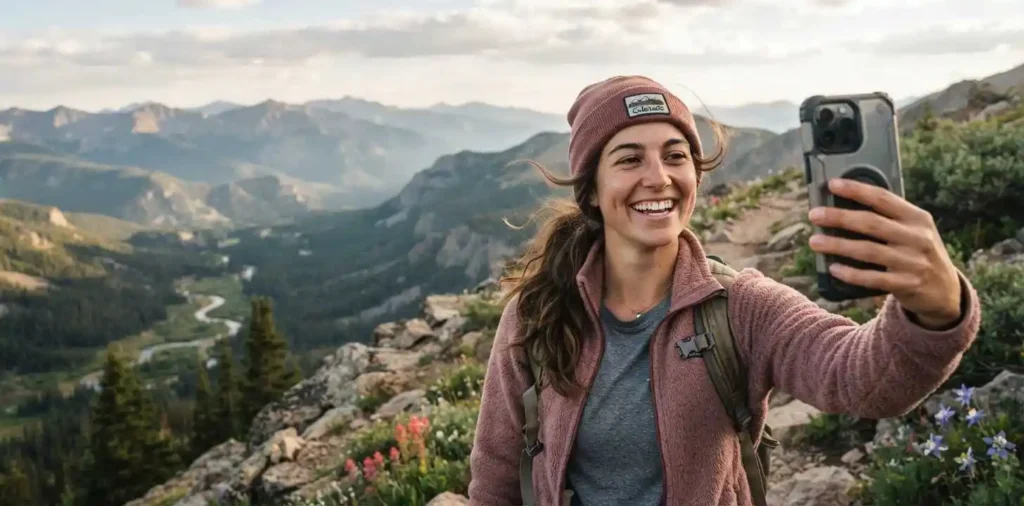 Traveler taking selfie in Colorado mountains