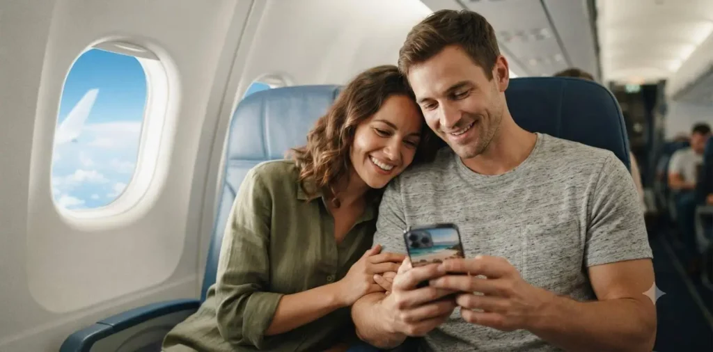 Couple enjoying airplane journey together