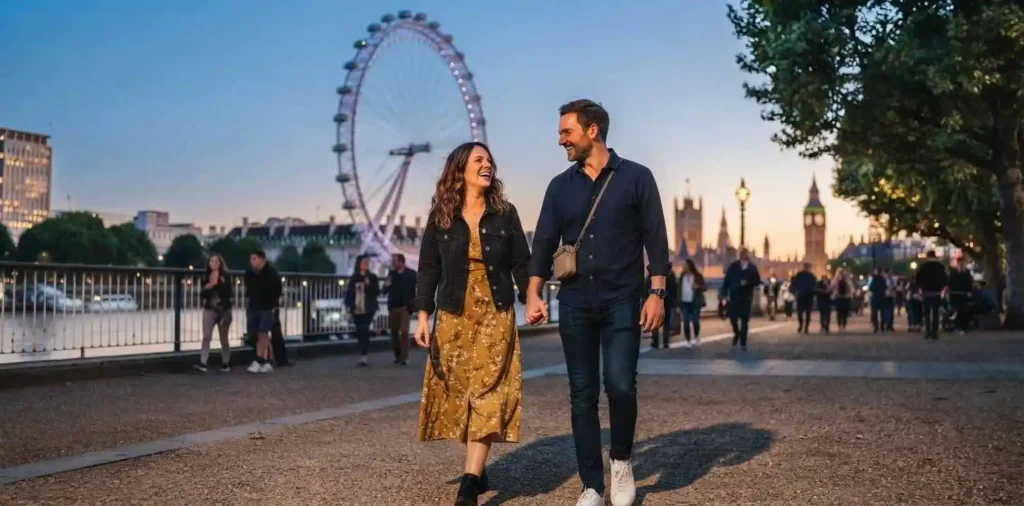 Couple sharing a romantic London moment