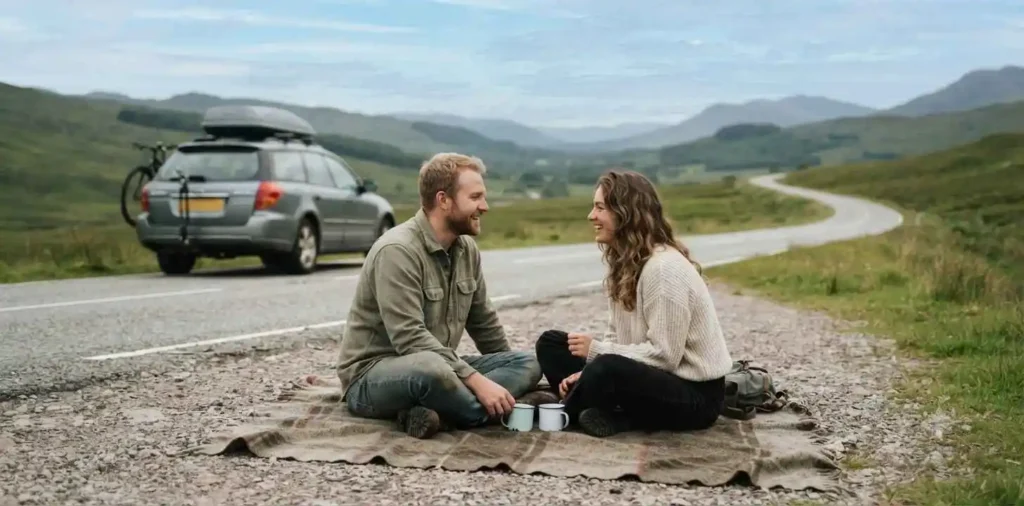 Couple enjoying road trip together