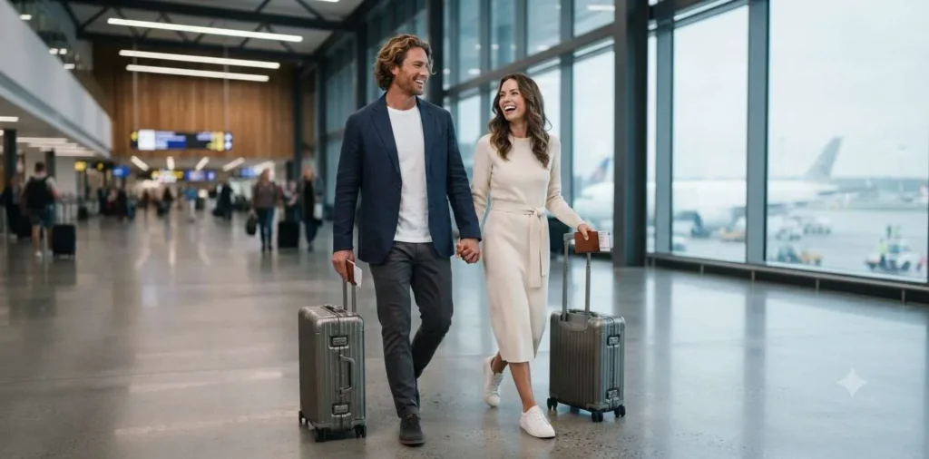 Couple walking together through airport terminal