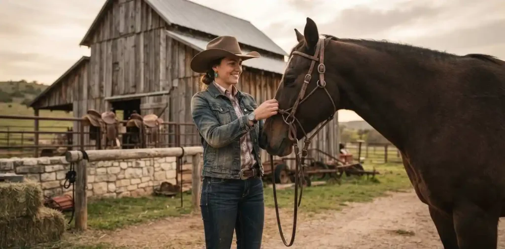 Cowgirl standing beside a rustic ranch fence
