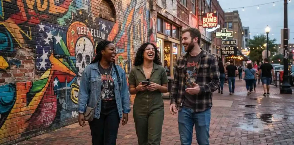 Friends exploring colorful Deep Ellum streets