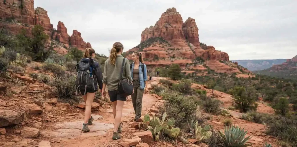 Traveler walking beside Sedona red rocks