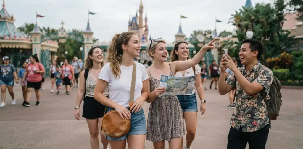 Friends enjoying a theme park vacation together