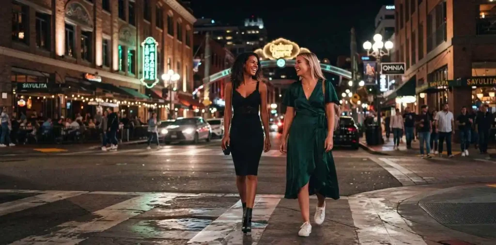 Friends walking through downtown San Diego at night