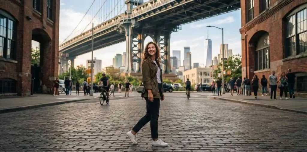 Traveler exploring New York near Brooklyn Bridge