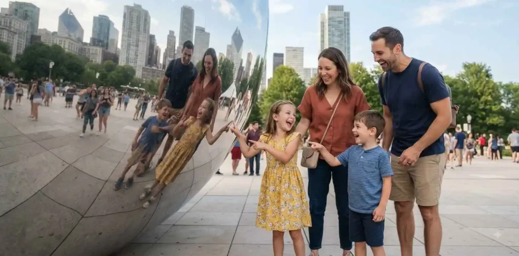 Family sharing a joyful moment at Cloud Gate