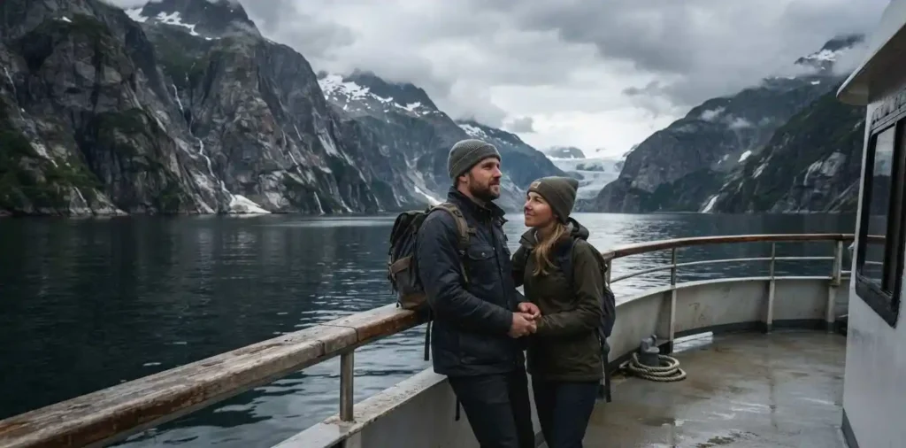 Traveler viewing dramatic Alaskan fjord cliffs