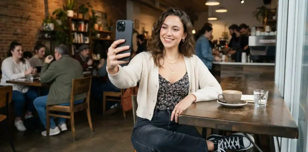 Young adults taking a playful café selfie