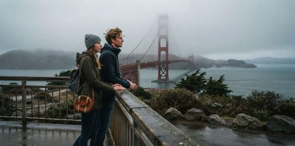 Traveler viewing Golden Gate Bridge through fog