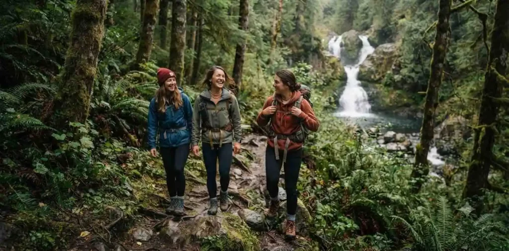 Hiker exploring a forest waterfall trail