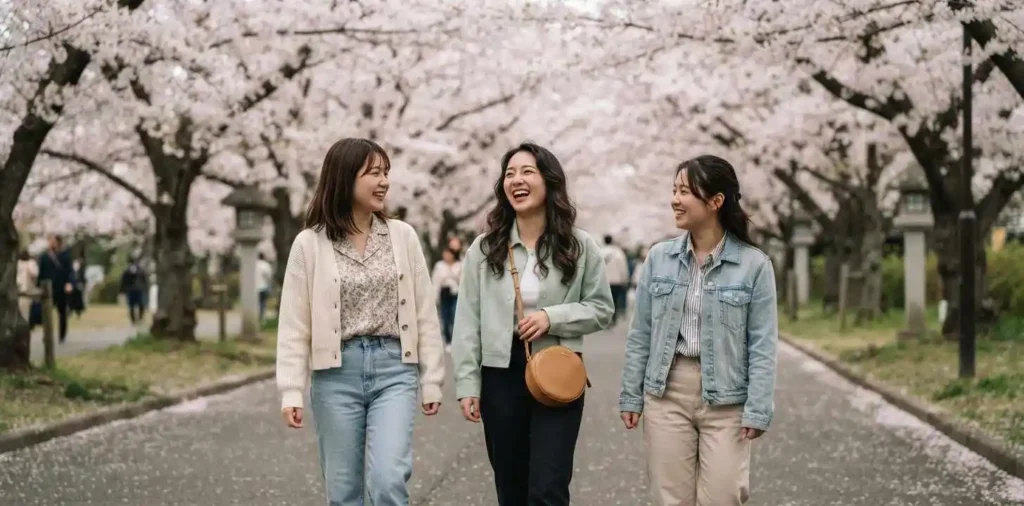 Friends laughing beneath blooming cherry blossoms