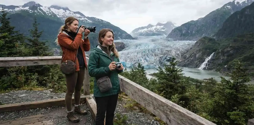 Traveler photographing the glacier from a viewpoint