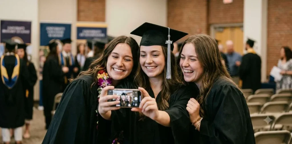 Graduate taking a selfie with friends