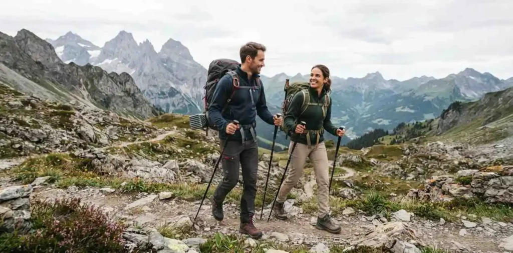 Hiker crossing a scenic mountain trail