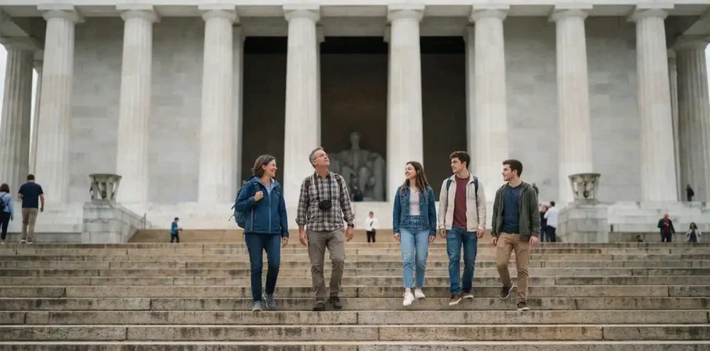 Travelers admiring the Lincoln Memorial