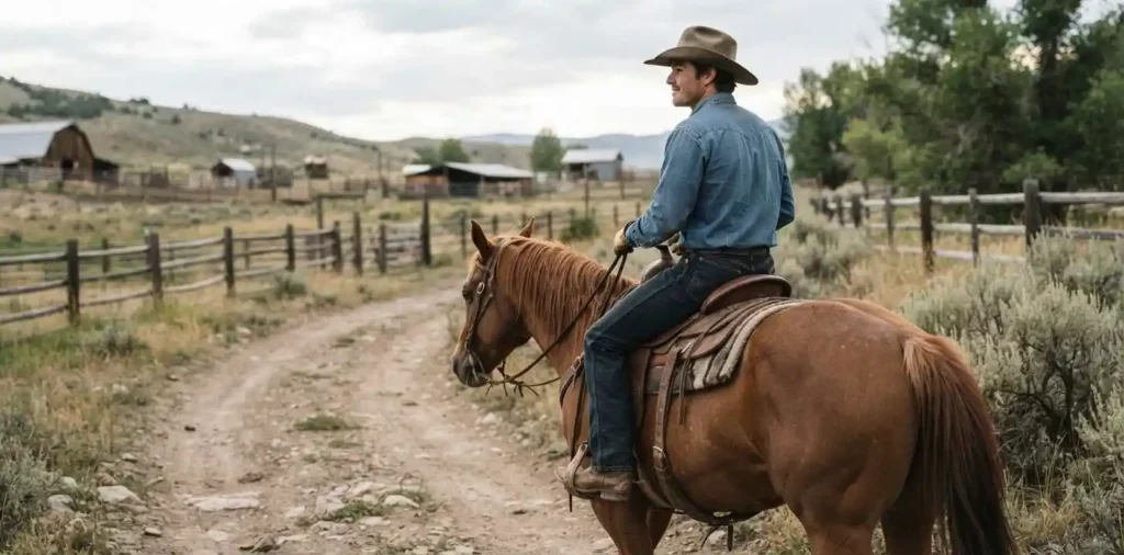 Rider guiding horse through ranch trail