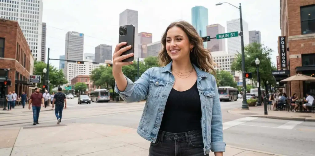 Woman taking a selfie in downtown Houston