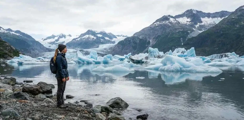 Traveler viewing icebergs in Glacier Bay