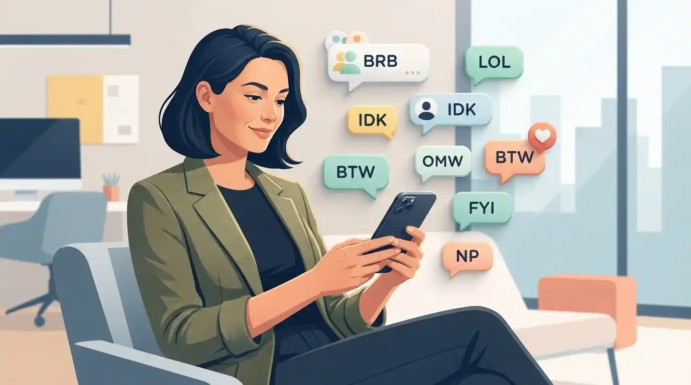 Adult using a smartphone with chat bubbles showing common internet abbreviations such as LOL, IDK, BRB, and BTW.