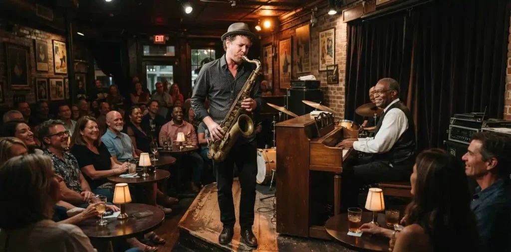 Jazz musicians performing inside a New Orleans venue