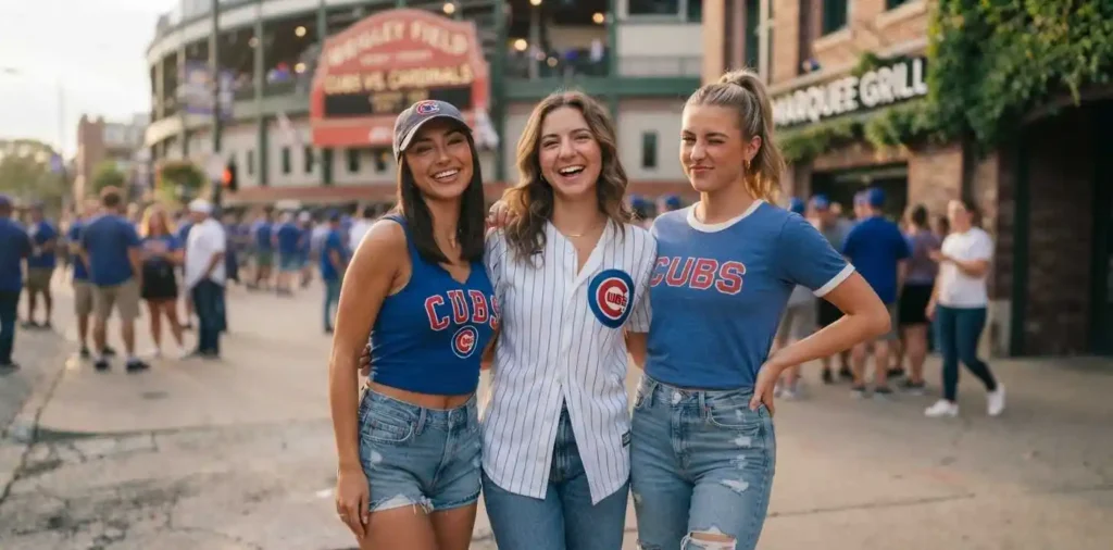Fan wearing a Cubs jersey at the ballpark