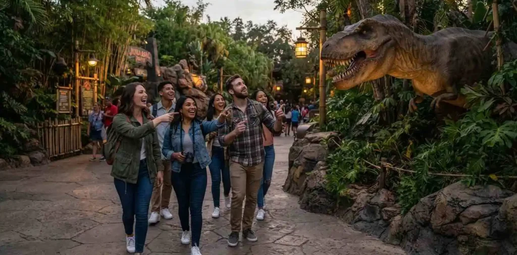 Friends exploring a Jurassic Park attraction