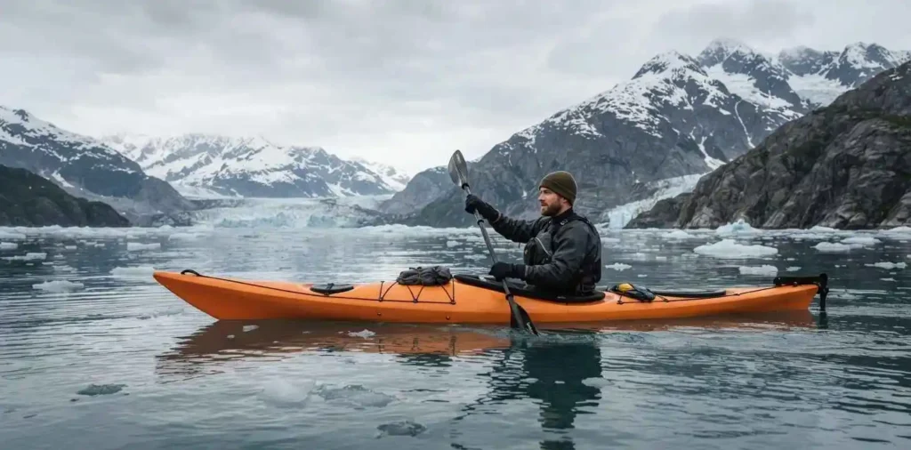 Traveler kayaking through Glacier Bay waters