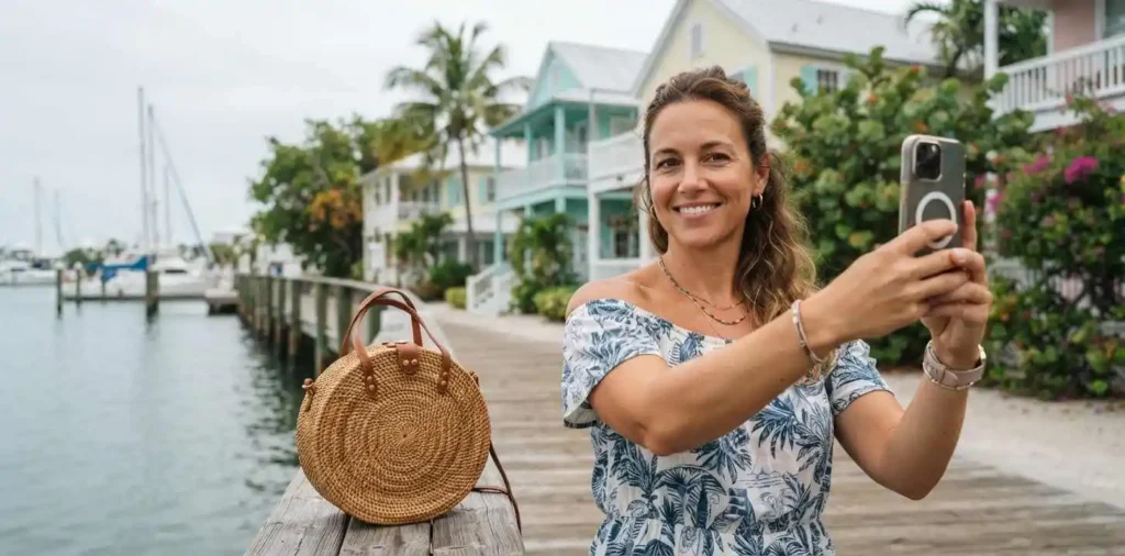Traveler taking a selfie near Key West waterfront