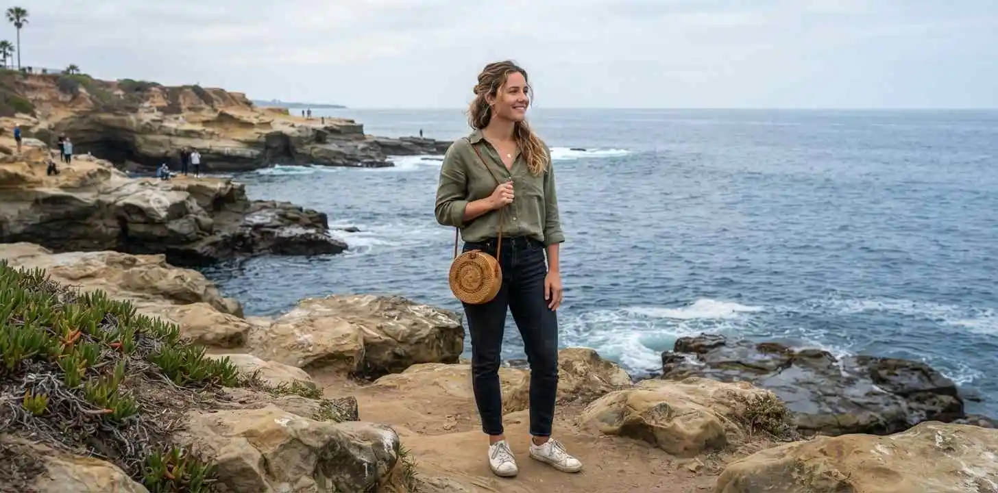 Traveler exploring the La Jolla Cove coastline