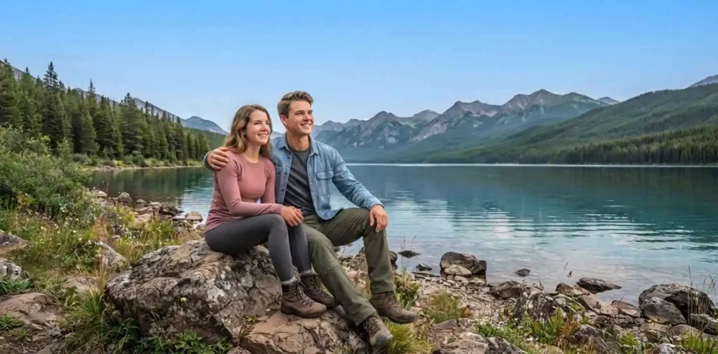 Traveler sitting beside a peaceful lake