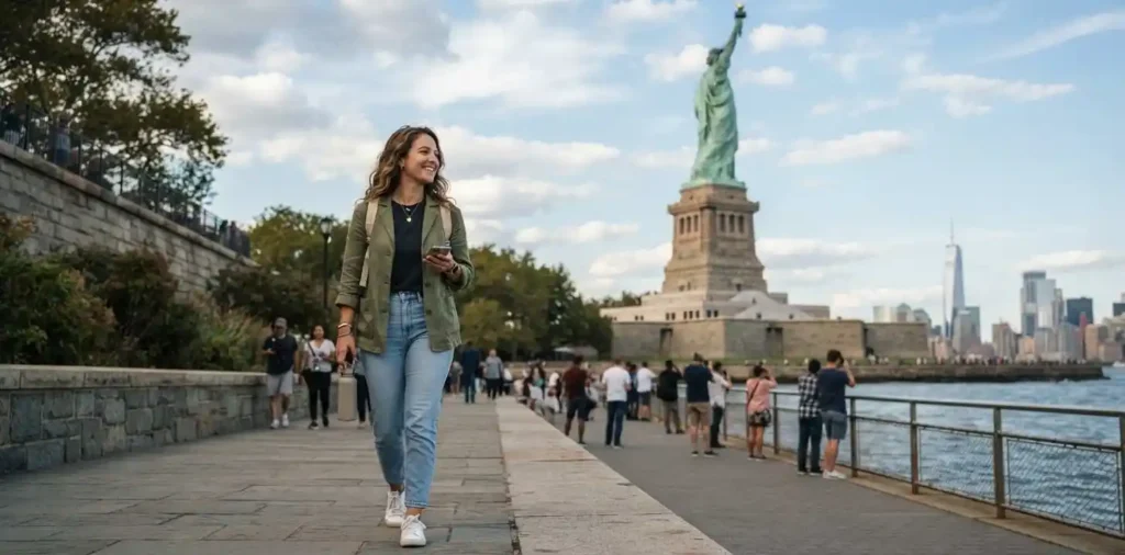Travelers exploring Liberty Island near Statue of Liberty