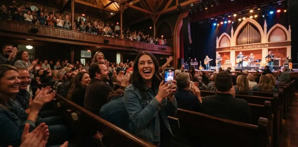 Audience enjoying live music inside Ryman Auditorium