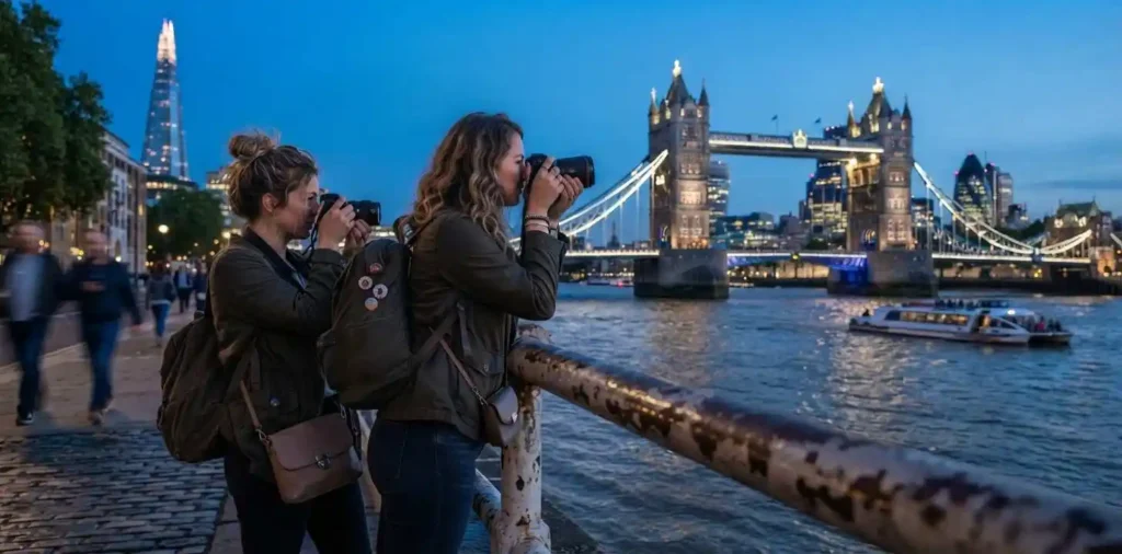 Friends walking beside the River Thames