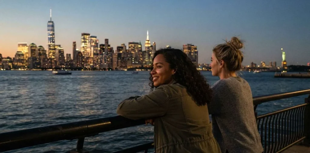 Friends admiring Manhattan skyline across New York Harbor