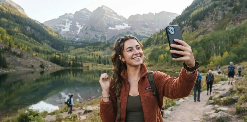 Traveler taking a selfie near Maroon Bells