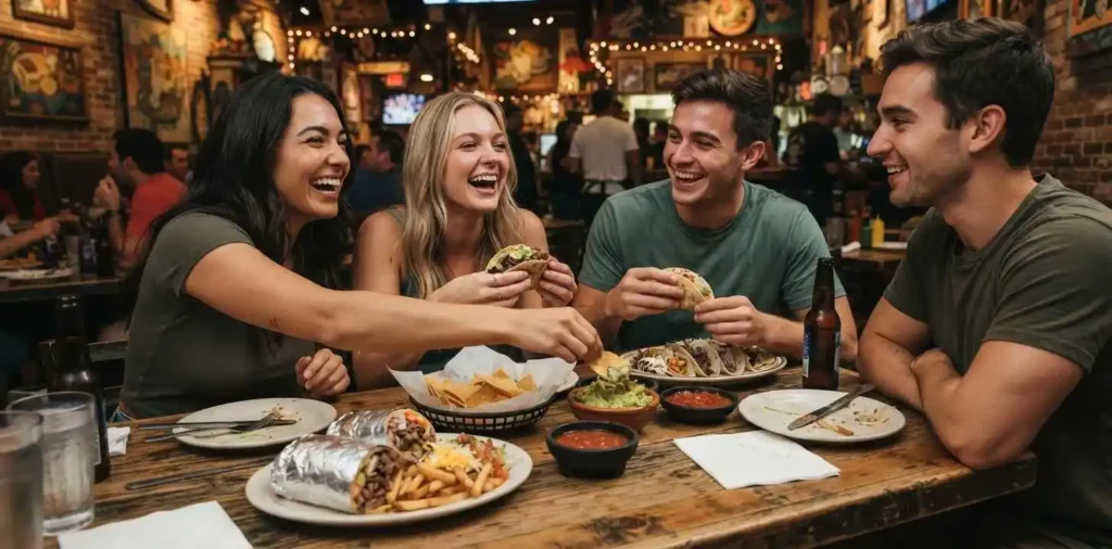 Friends enjoying Mexican food at a restaurant