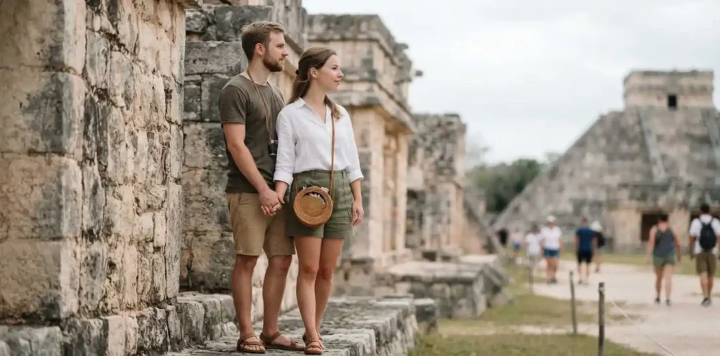 Traveler exploring ancient Mexican ruins