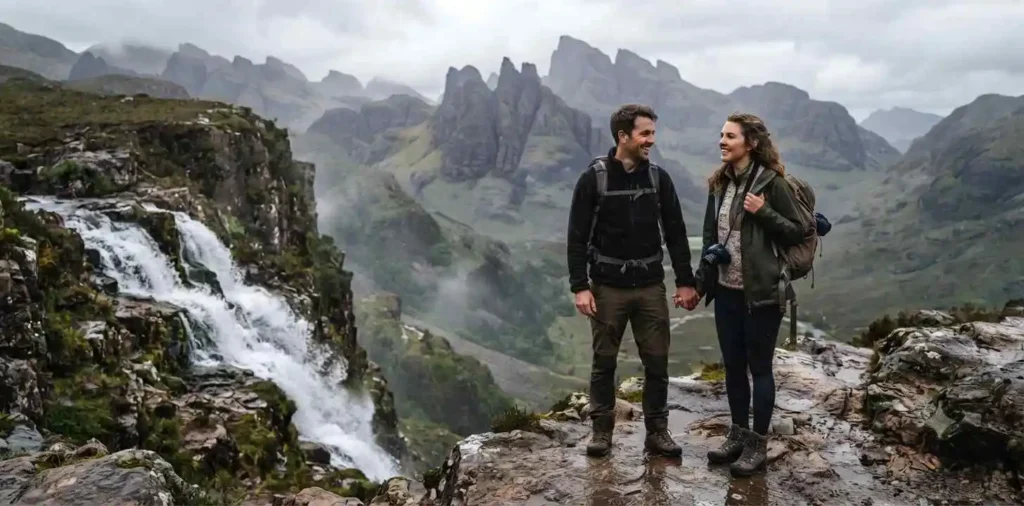 Traveler admiring a waterfall among mountain peaks