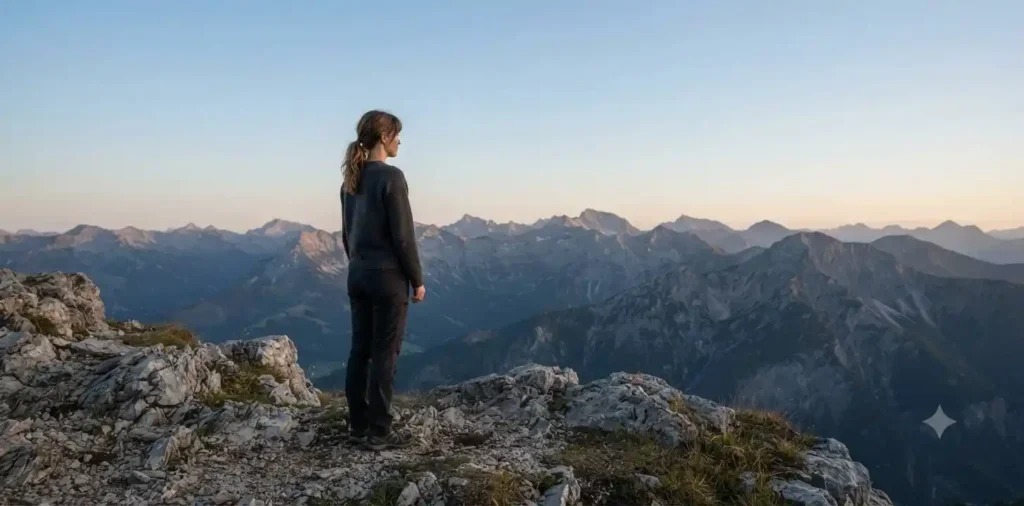 Traveler viewing mountains at sunset