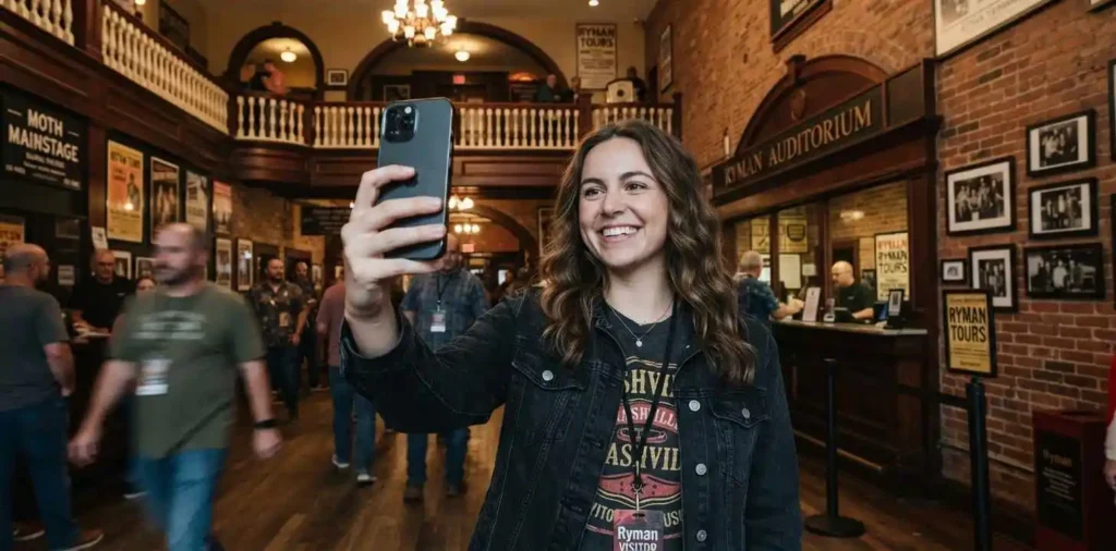 Visitor taking selfie outside Ryman Auditorium
