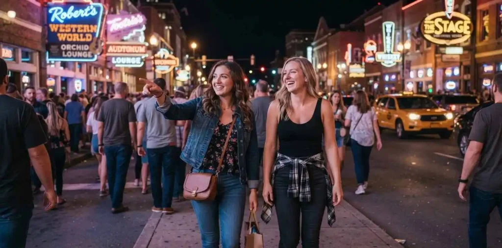 Friends exploring Broadway Nashville at night