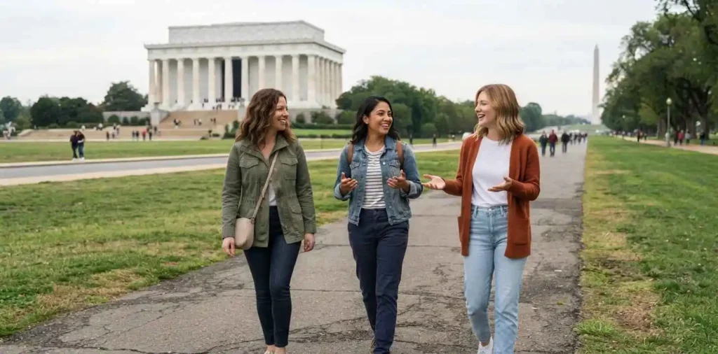 Friends walking across the National Mall